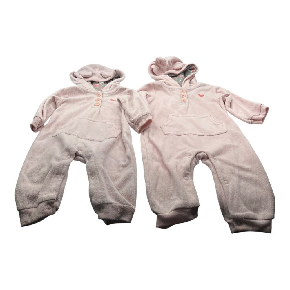 Lot Of 2 Carter’s Baby Hooded Fleece One Piece 6-9M Heart Pink Floral Pocket